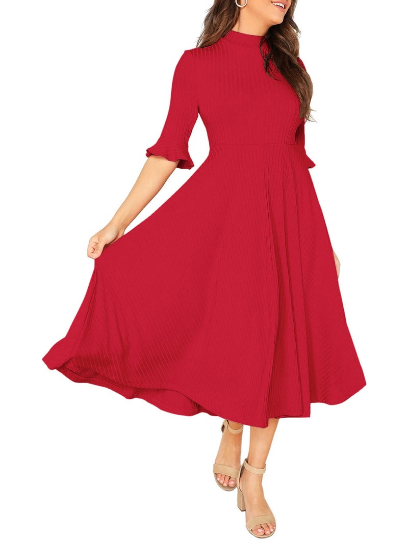 Verdusa Women's Ruffle Half Sleeve A Line Fall Dresses Elegant Fit and Flare Midi Dress Red Solid Small - Image 1